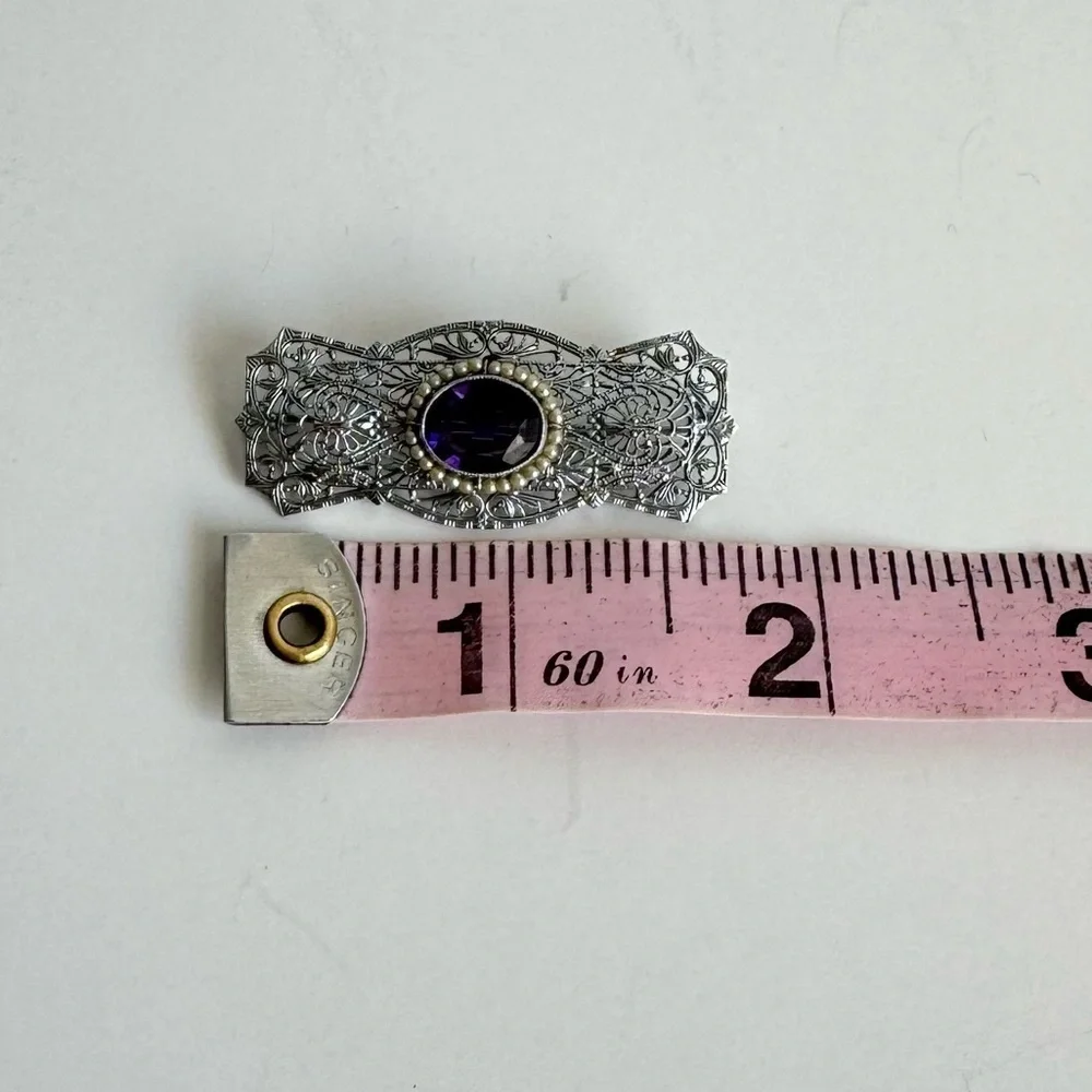 10K White Gold Filigree Brooch Amethyst Pearl Antique Ornate Pin Estate Piece‎